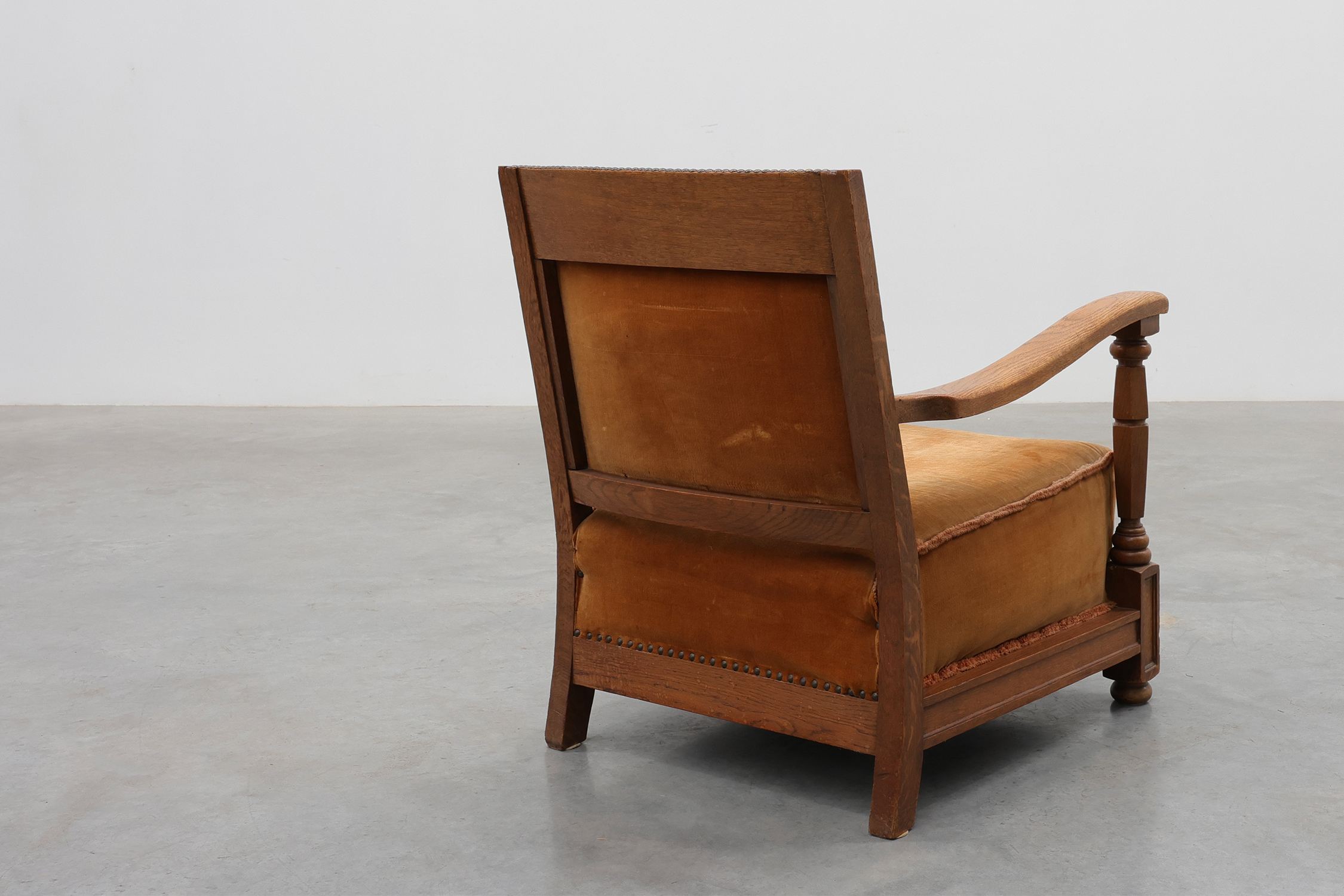 Art Deco Oak Lounge Chair with Woven Leather Back and Ochre Velvet, Belgium, 1920sthumbnail